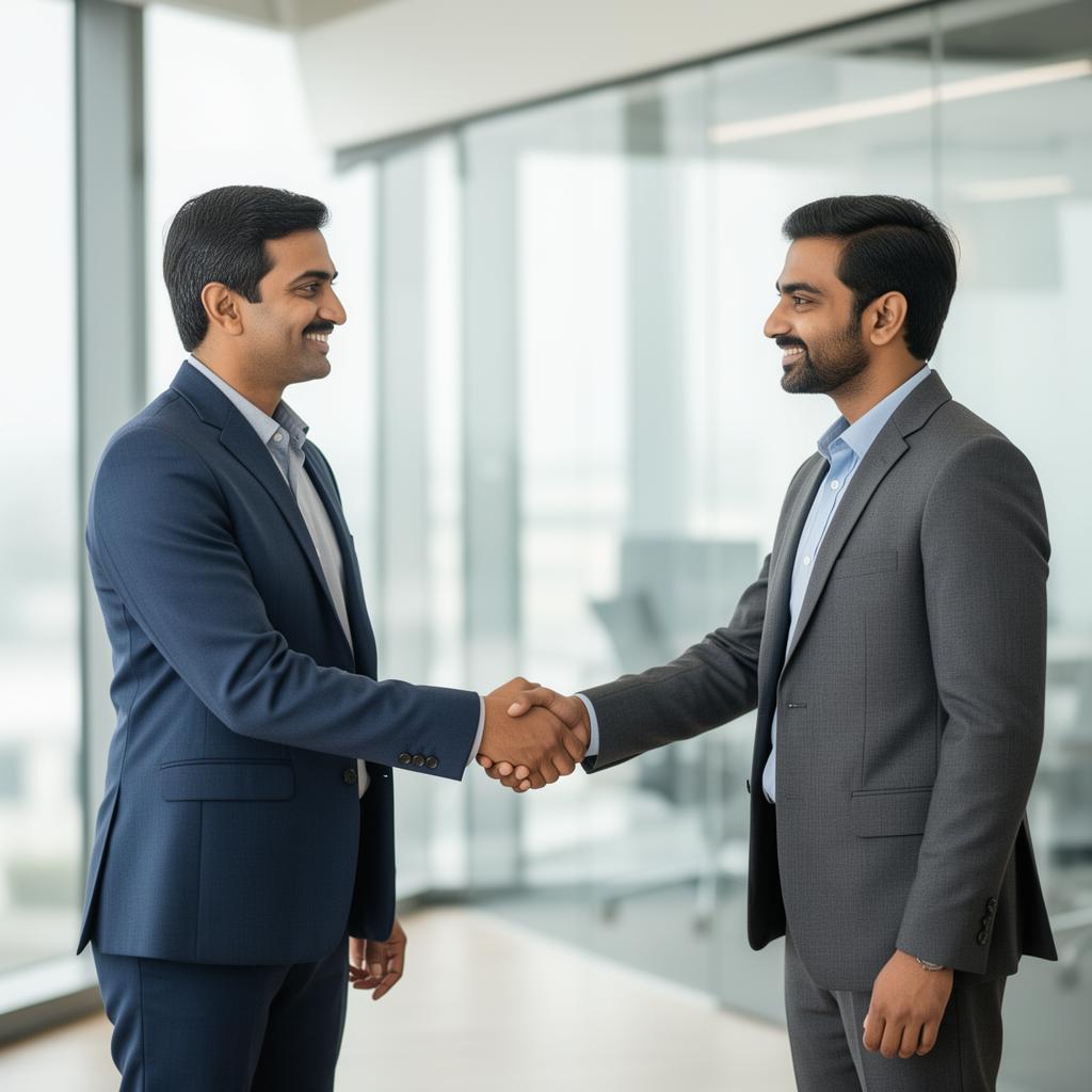 Indian business owner shaking hands with Numberz advisor in a modern office